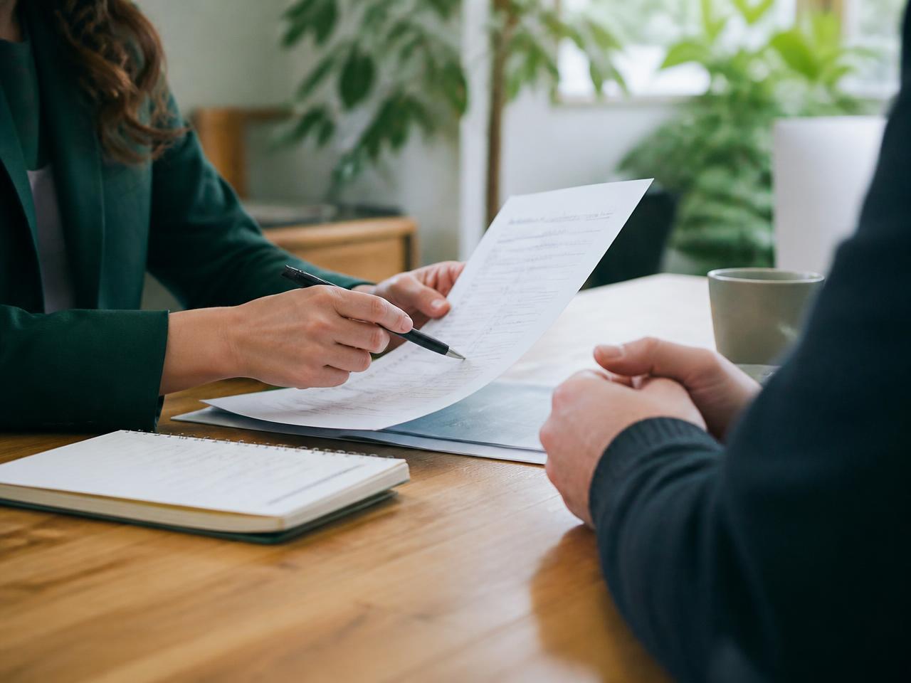 Consultora explicando um documento de seguro para um cliente